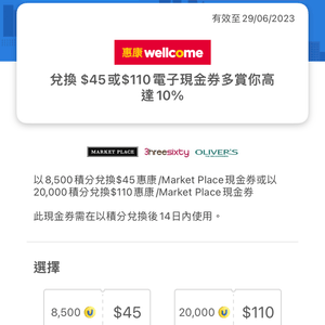 8500 yuu分換$45惠康現金券/20000分換$110