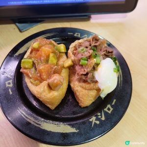 壽司郎8月限定🔥足料腐皮雙味壽司～溫泉蛋牛肉+三文魚牛油果