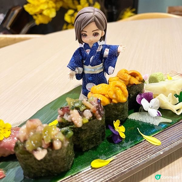 甜蝦壽司、山葵八爪魚軍艦、中拖羅壽司、A5和牛壽司和日本海膽...