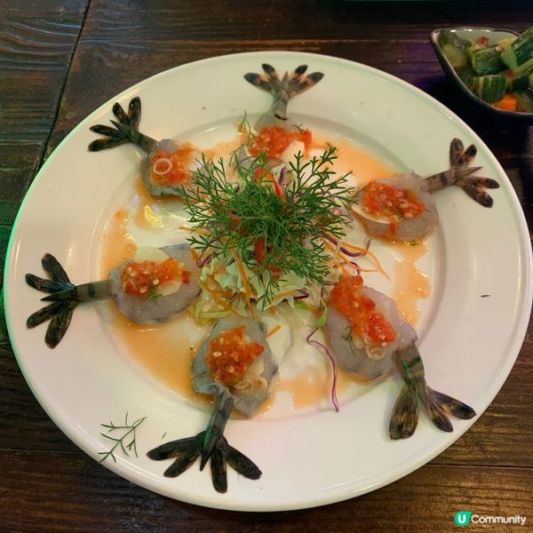 泰國餐廳必點之一，生蝦刺身最重要蝦肉夠新鮮，配埋泰式辣醬，冇...