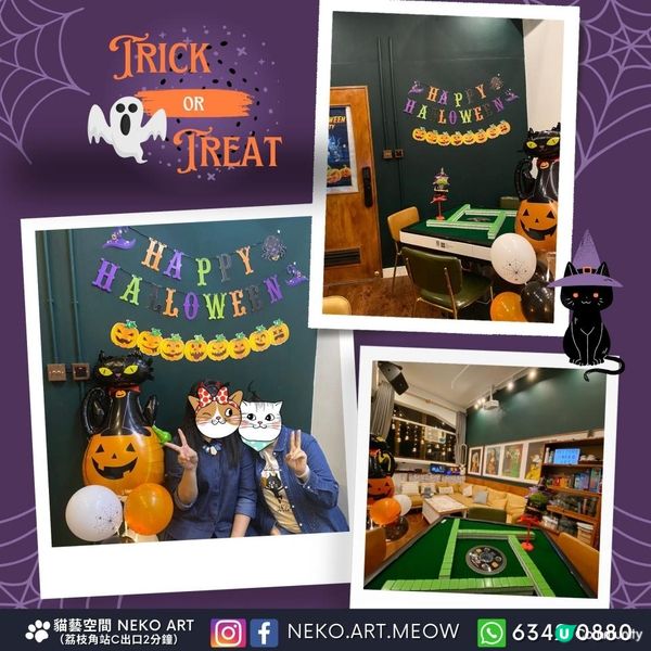 【🐱貓主題Helloween派對】荔枝角小型派對場地｜世界名貓復古風活動房間
