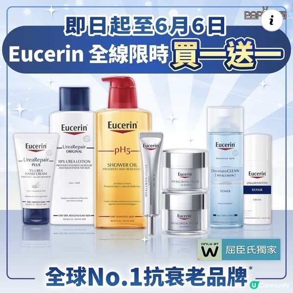 Eucerin屈臣氏獨家全線限時買一送一！