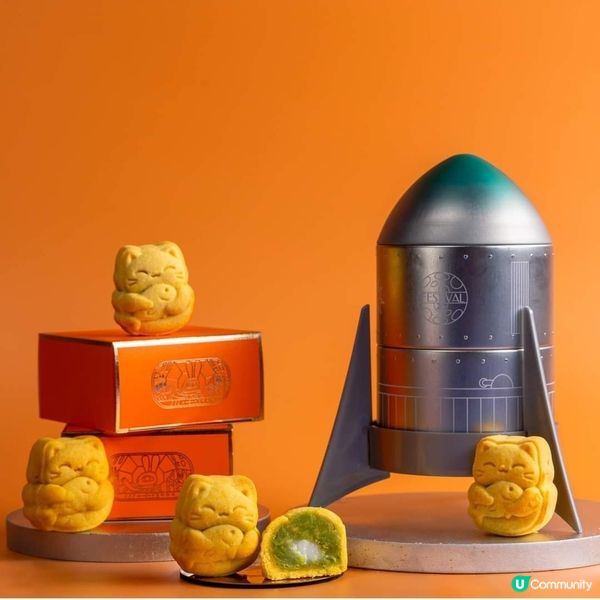 可愛猫猫造型+火箭盒-椰香麻糬斑蘭奶黃月餅