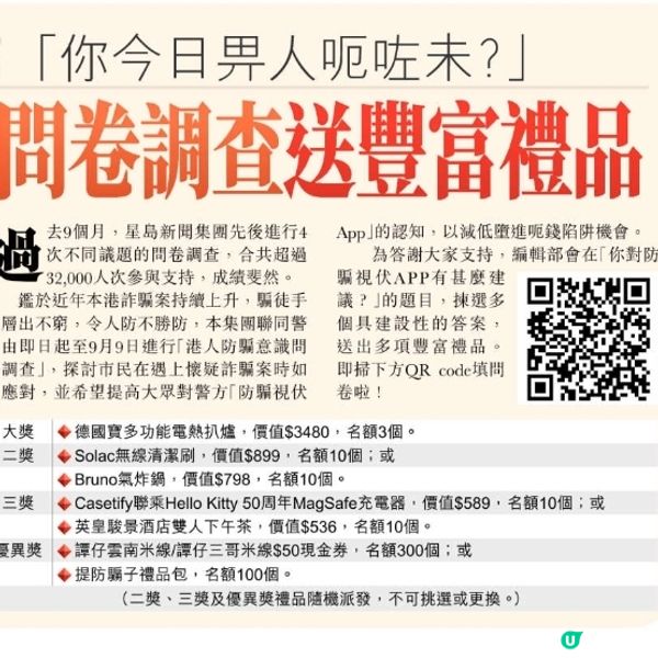 港人防騙意識問卷調查送豐富禮品 