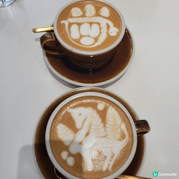 拉花cappucino，烏龜同馬的圖案， 好靚， 拉得好靚同...