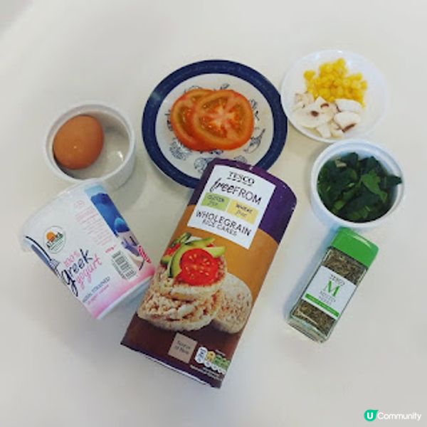 【#健康點心・#蘑菇菠菜炒蛋 蕃茄乳酪配 #米餅】