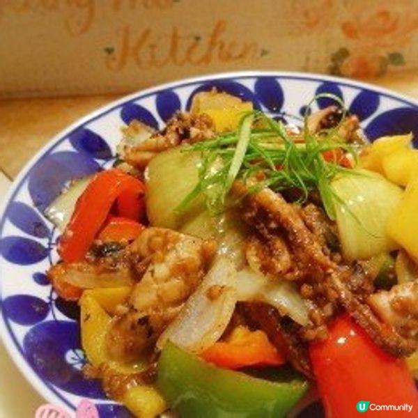 蒜蓉豆豉三色椒炒魷魚
