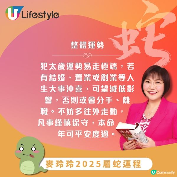 麥玲玲2025生肖運程｜12生肖運程一次過睇晒
