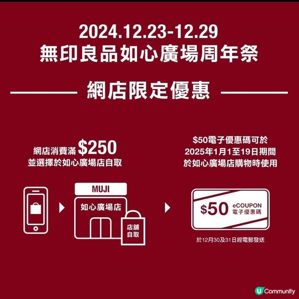 MUJI：如心廣場店 網上商店限定優惠（至29/12）