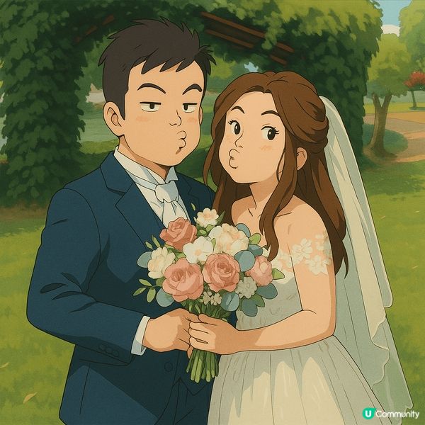 超好笑的，將我哋嘟嘴嘅結婚相片轉為吉卜力風格，結果豬先生變成...