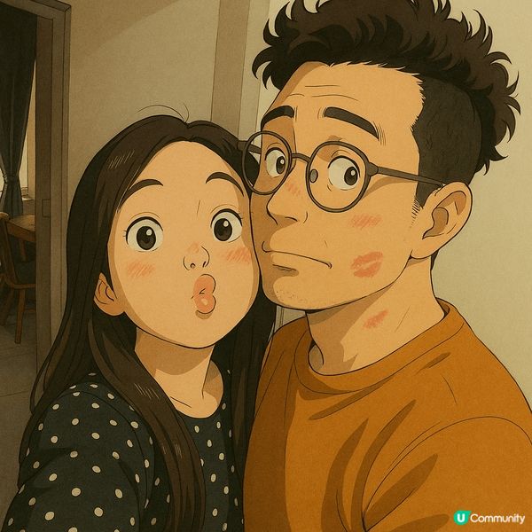 這是我和女友的一張合照，她在化妝後親了我一下，讓我的臉上留下...