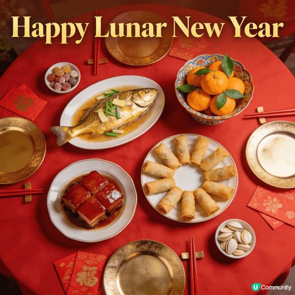 這5張農曆新年賀年食品打卡照，精選傳統佳餚如團圓飯、糕點拼盤...