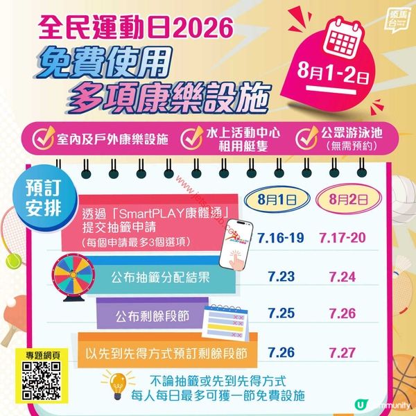 【全民運動日2026】免費歎康體設施！8月1-2日限定，抽籤申請7月16日開始！