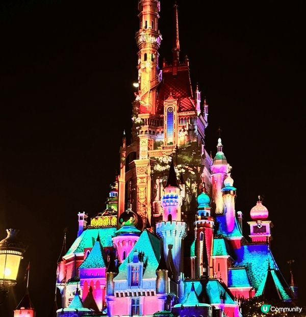 香港迪士尼的晚上光影展示煙花非常華麗，整個畫面佈滿不同的圖畫...