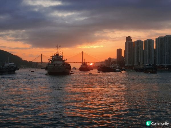 日落海景，海灣汀九橋遊船靚景，迷人景致，心懭神怡