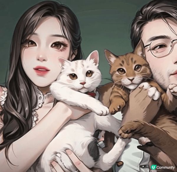 一對幸福的新人站在一個充滿愛意的場景中，各自抱著一隻可愛的小...