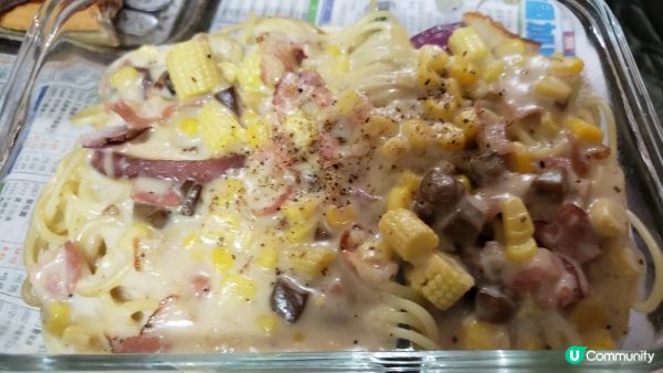 星期五在家煮白汁磨菇煙肉粟米焗意粉比家人食😋😋意粉出水先冷凍...