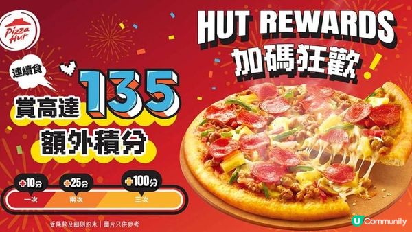 Pizza Hut Hut Rewards會員「積分加碼狂歡賞」大派135額外積分+13張優惠券 ！
