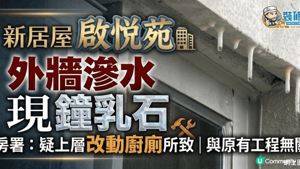 【裝修佬文章轉載】新居屋啟悅苑外牆滲水現「鐘乳石」 房署：疑上層改動廚廁所致 與原有工程無關