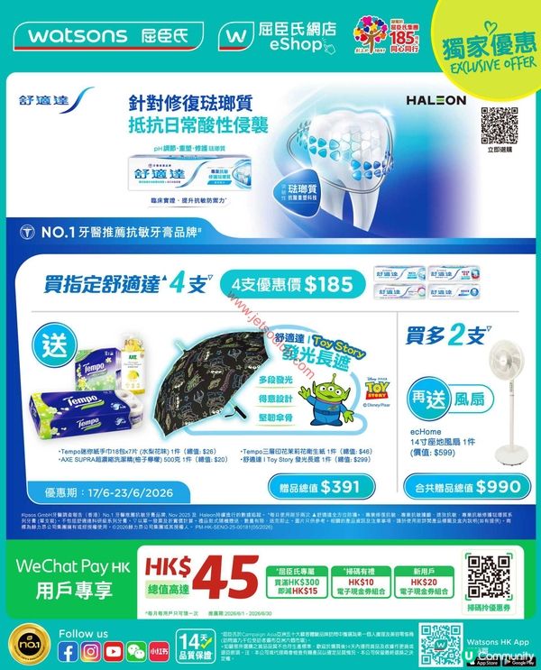 屈臣氏獨家優惠：購買指定舒適達牙膏，即送總值高達$990禮品！