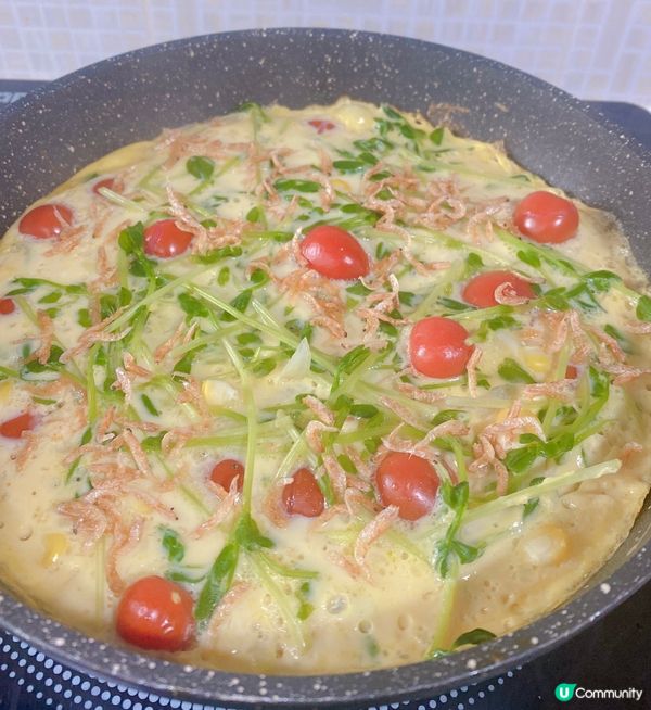 今日整咗個車厘茄豆苗洋葱🧅粟米櫻花蝦蛋餅，做法好簡單，不過幾...