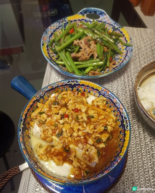 肉碎豆腐蒸蛋 ＆ 椒絲蝦醬炒通菜