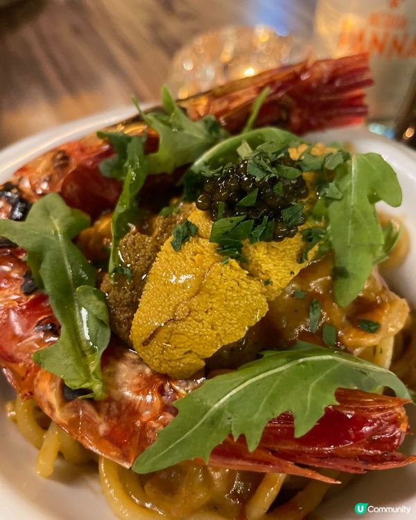 西班牙紅蝦及海膽意粉配與西特拉鱘魚子醬～