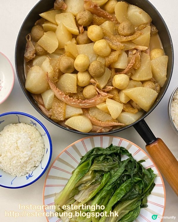 簡易版。咖喱蘿蔔豬皮魷魚魚蛋 