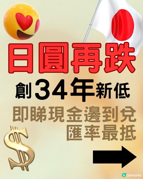 日圓再下跌創34年新低🤩即睇14間銀行找換店最抵匯率💰