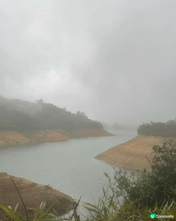 天色陰暗，有毛毛細雨，沿水塘步道步行人烟稀少，在都市生活中難...
