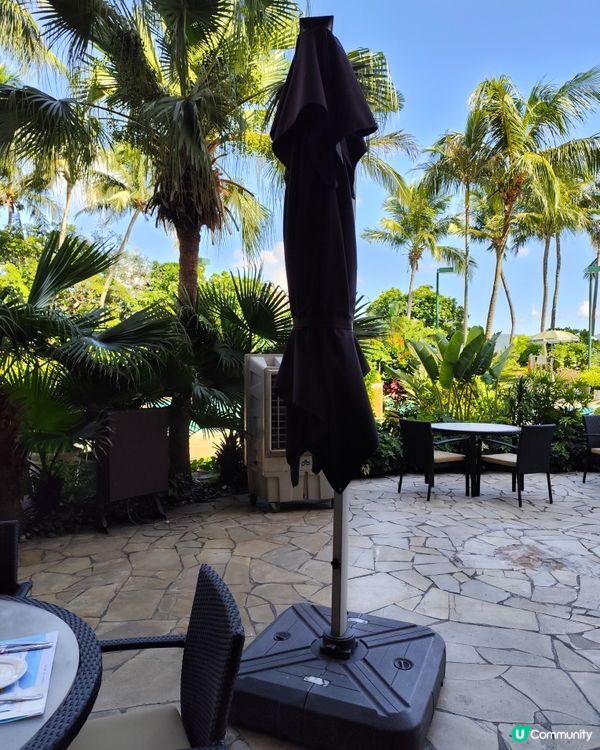 位於屯門黃金海岸酒店地下聆風咖啡廳戶外的燒烤地 有陽光藍天椰...