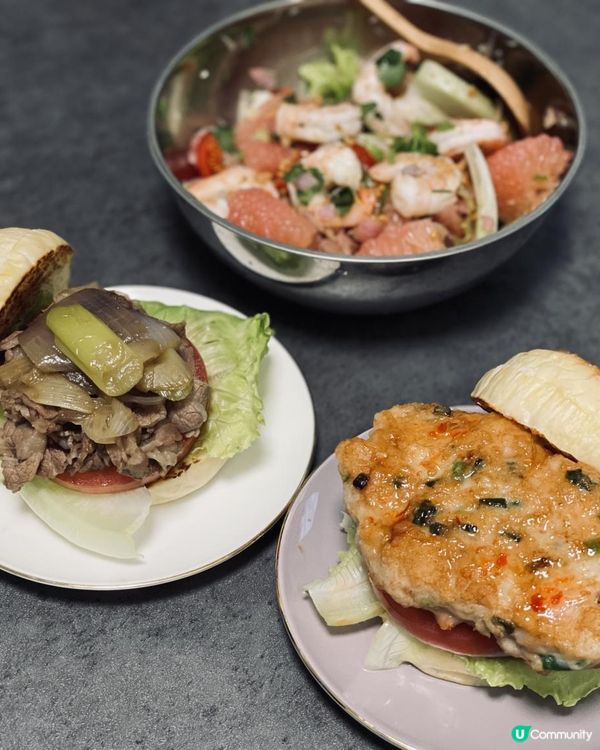 自家製@漢堡包、大蝦柚子沙律