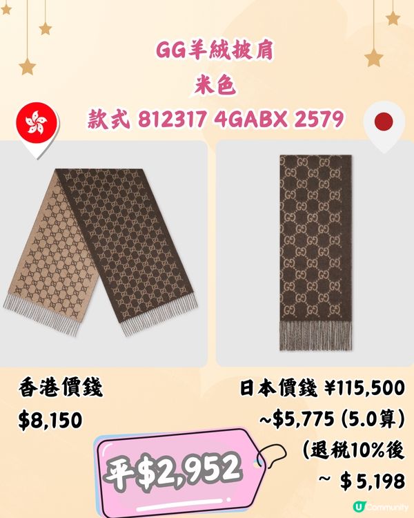 日本買GUCCI頸巾平超過3千‼️即睇10款港日價錢對比