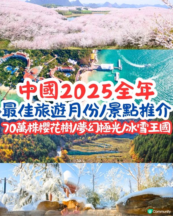 中國2025全年最佳旅遊月份/景點推介🗺️70萬株櫻花樹/夢幻極光/冰雪王國‼️