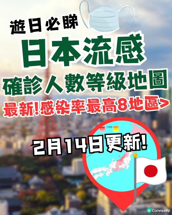 日本流感確診人數等級地圖！最新8個地區感染率最高？(2月14日更新) 遊日注意🇯🇵