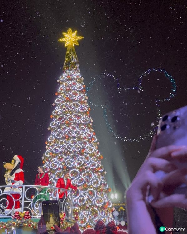 迪士尼樂園內有不同的迪士尼角色的聖誕製飾，在晚上更為聖誕樹亮...