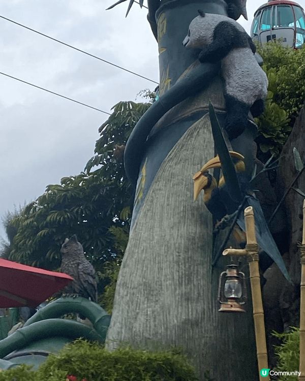 海洋公園的大熊貓家族首次以卡通造型亮相，公園的正門已變成竹子...