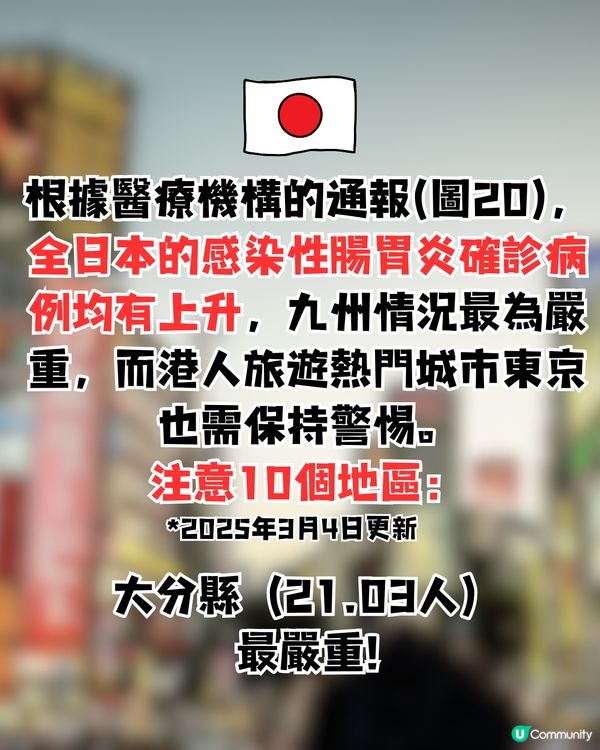 日本感染性腸胃炎創近十年新高！遊日注意3因素增感染風險/10個嚴重確診地區🇯🇵