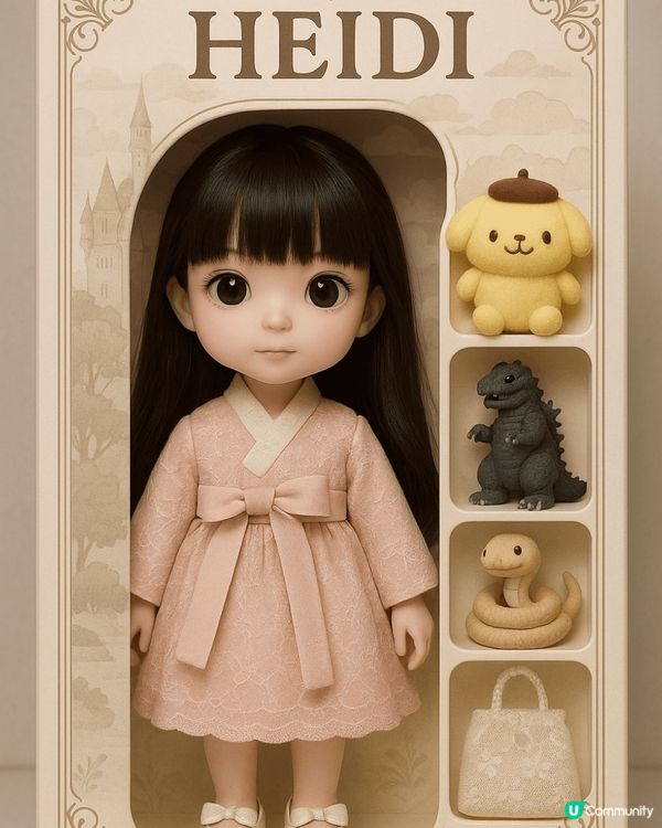 生成公仔走日系可愛風格，配件有布甸狗、哥斯拉、白色蕾絲手袋、...