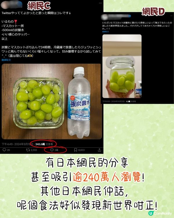 日本香印提子爆紅食法🍇用OO浸即香甜爆汁⁉️逾240萬人瀏覽🤗