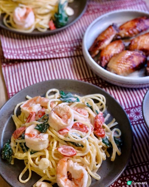懶人必學！芝士大蝦菠菜忌廉意粉🍝😋