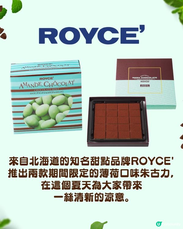 北海道ROYCE'推出2款夏季限定「薄荷朱古力」  生朱古力/香脆杏仁口感 即日起10間店舖發售