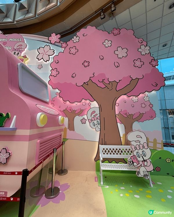 馬鞍山廣場粉紅繁花夢幻花園，以櫻花林及紫色的薰衣草圍着時尚有...