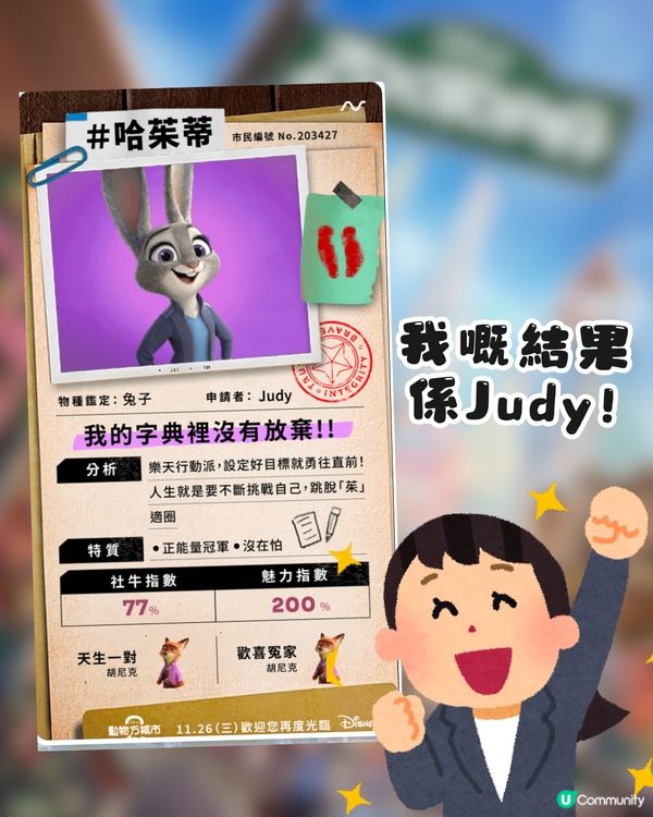 《優獸大都會2》心理測驗！1分鐘測出你的專屬動物角色😎即睇你係朱迪定阿力？🐰🦊🚓