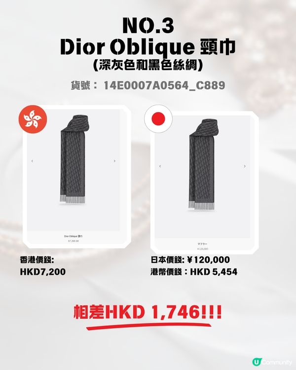 日圓低見5算😍12款DIOR頸巾港日價格比較✨最高慳超過$1700⁉️