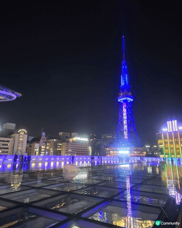 名古屋電塔夜景，彩色飛碟，水中倒映，熱鬧的商場食肆，美