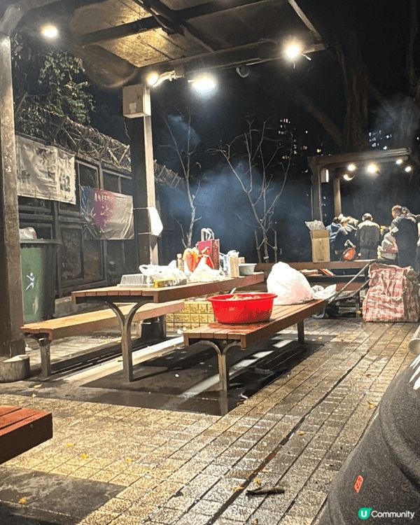 在獅子山郊野公園的燒烤場，夜晚燈光亮起，一家大小圍坐準備食材...