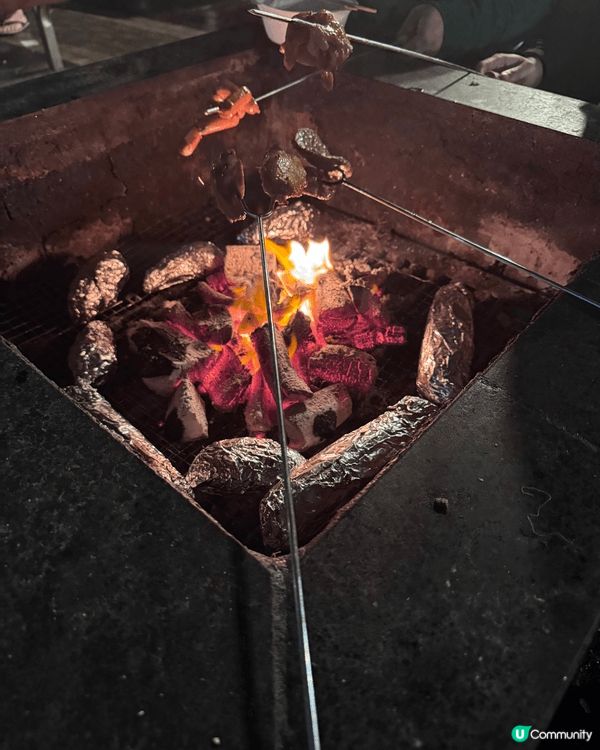 在獅子山郊野公園的燒烤場，夜晚燈光亮起，一家大小圍坐準備食材...