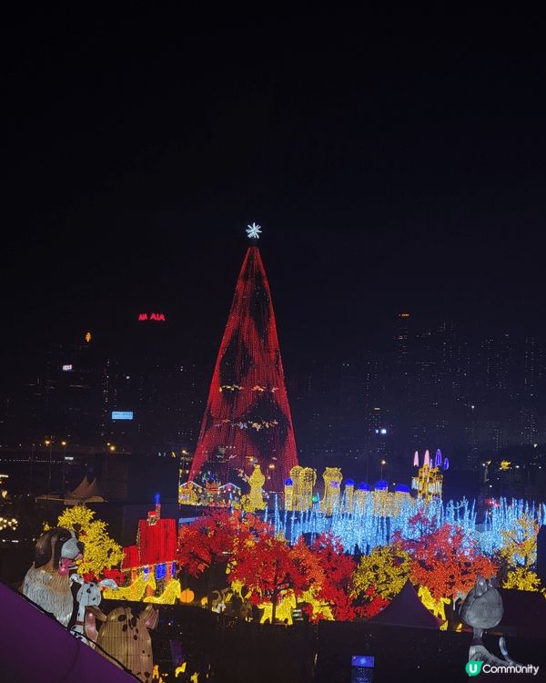 這張係香港中環海濱的AIA友邦嘉年華聖誕燈飾盛況：巨型紅綠彩...