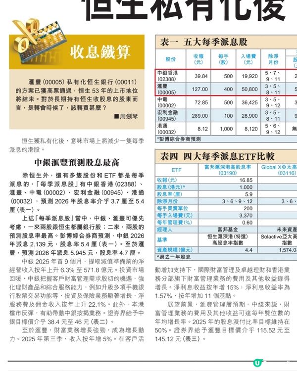 恒生私有化後轉買中銀滙豐